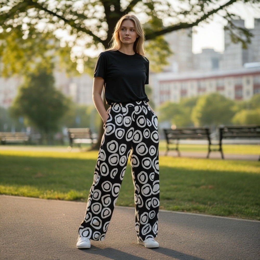 Peruzzi Italian Wide Leg Pants Size 8 Black White Mod Circle Lagenlook